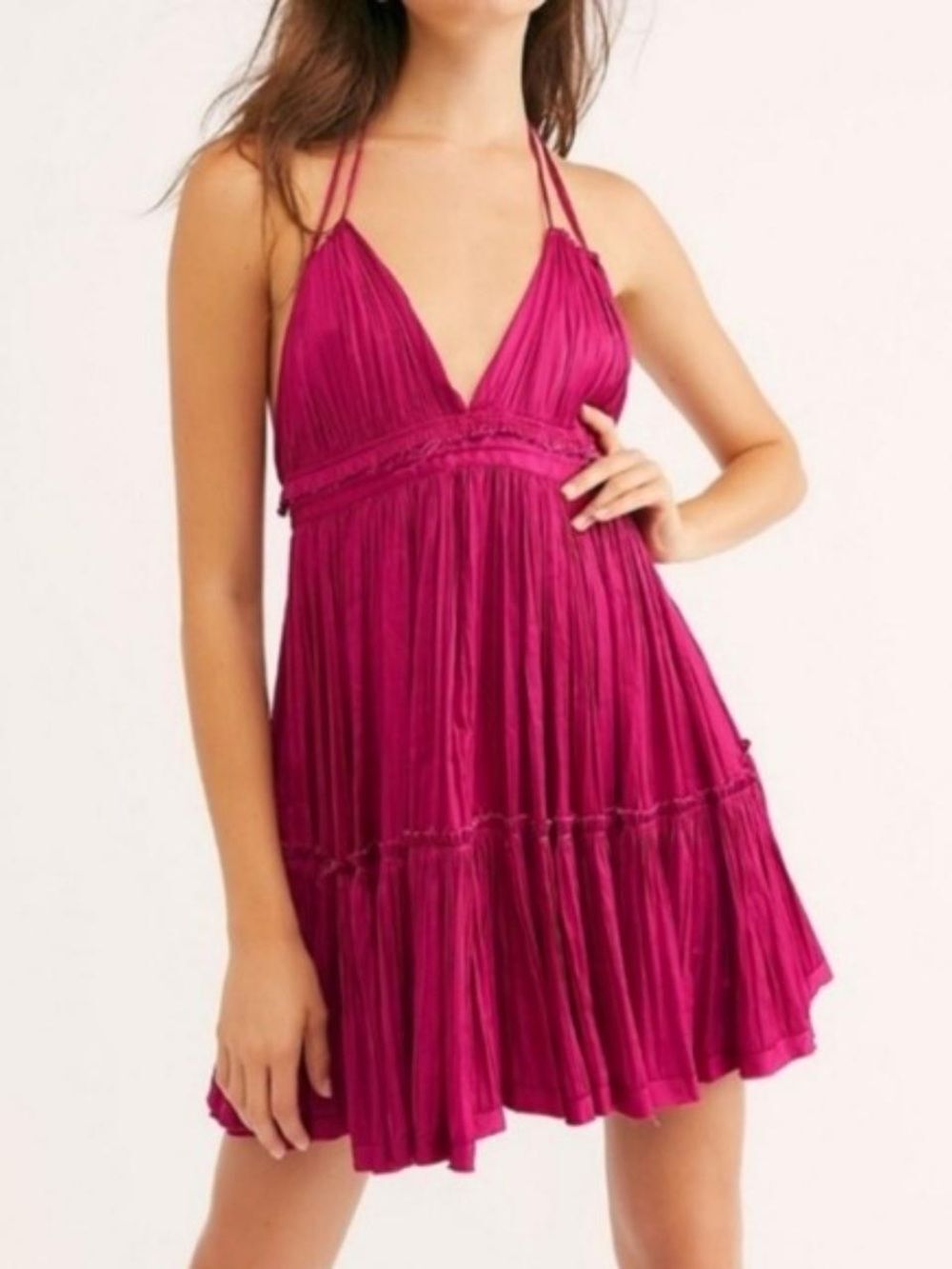 NWT FREE PEOPLE 100 Degrees of Shine Magenta Halter Pleated Sundress Size M